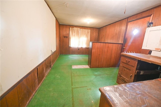 kitchen with dark carpet and wooden walls