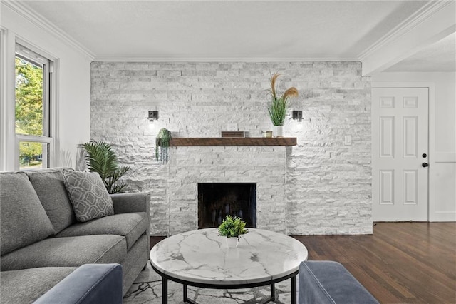 living room with a fireplace, ornamental molding, and dark hardwood / wood-style floors