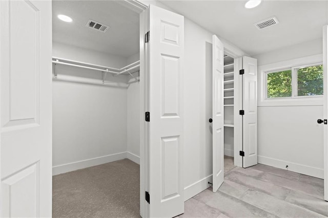 walk in closet with light colored carpet