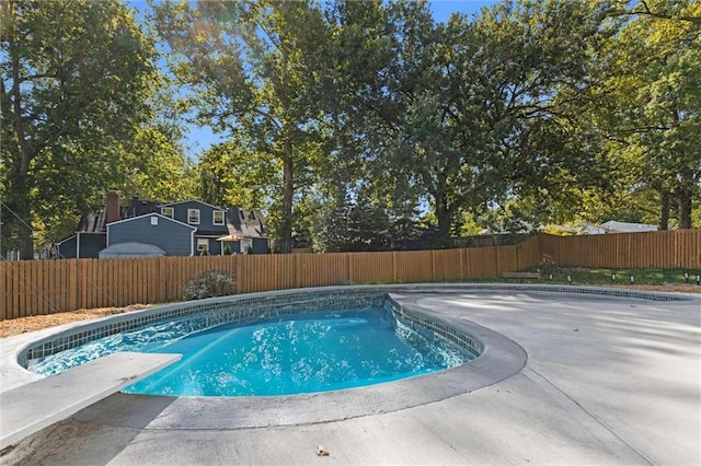 view of swimming pool featuring a patio and a diving board