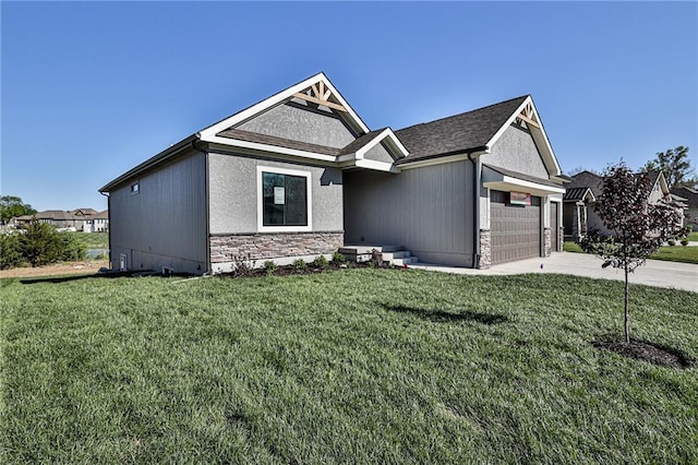 view of front of property featuring stone siding, a garage, a front lawn, and concrete driveway