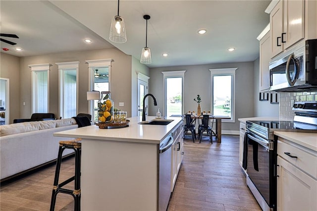 kitchen featuring open floor plan, stainless steel appliances, a sink, ceiling fan, and wood finished floors