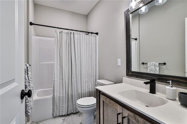 bathroom with marble finish floor, vanity, toilet, and shower / tub combo with curtain