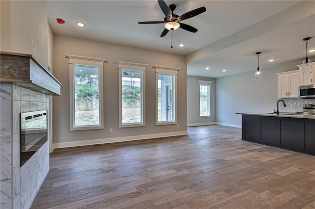 kitchen with wood finished floors, open floor plan, stainless steel appliances, white cabinets, and decorative backsplash