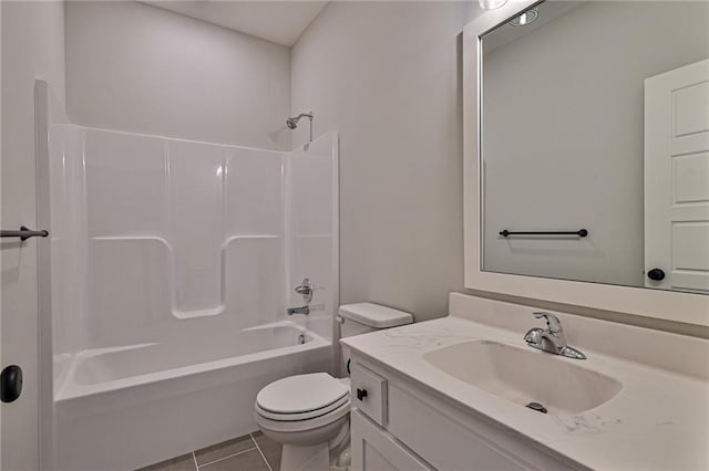bathroom with toilet, shower / tub combination, tile patterned flooring, and vanity