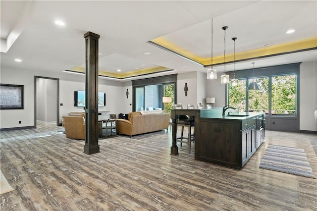 kitchen featuring an island with sink, hardwood / wood-style floors, dark brown cabinetry, decorative light fixtures, and a raised ceiling