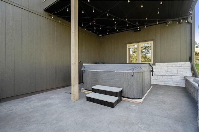 view of patio featuring a hot tub