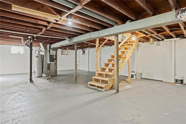 basement with heating unit and water heater