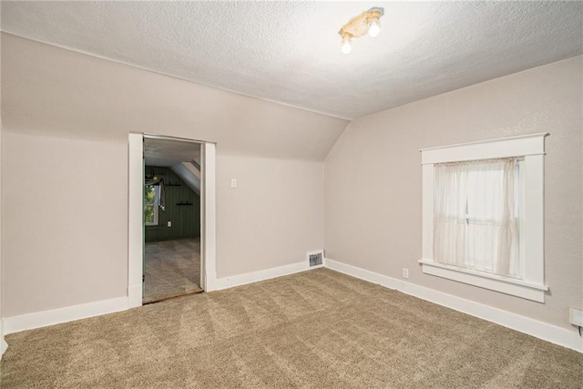 additional living space featuring vaulted ceiling, carpet, and a textured ceiling