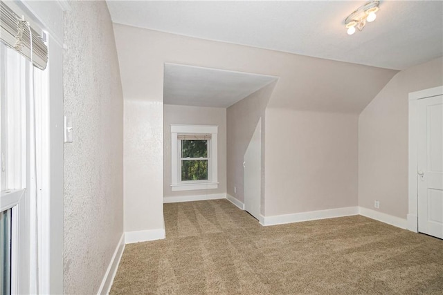 additional living space with a wealth of natural light, vaulted ceiling, and light colored carpet