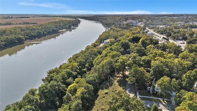 bird's eye view featuring a water view and a forest view