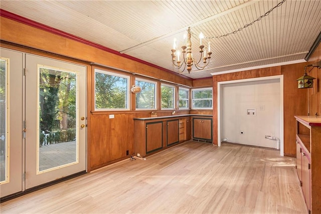 kitchen featuring wood ceiling, decorative light fixtures, light wood-type flooring, a chandelier, and wood walls