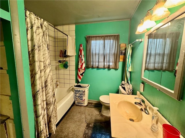 full bathroom featuring shower / bath combination with curtain, vanity, and toilet