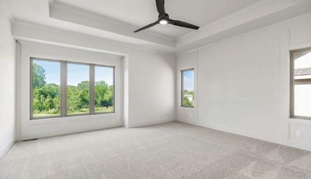 unfurnished room with crown molding, ceiling fan, a raised ceiling, and light colored carpet