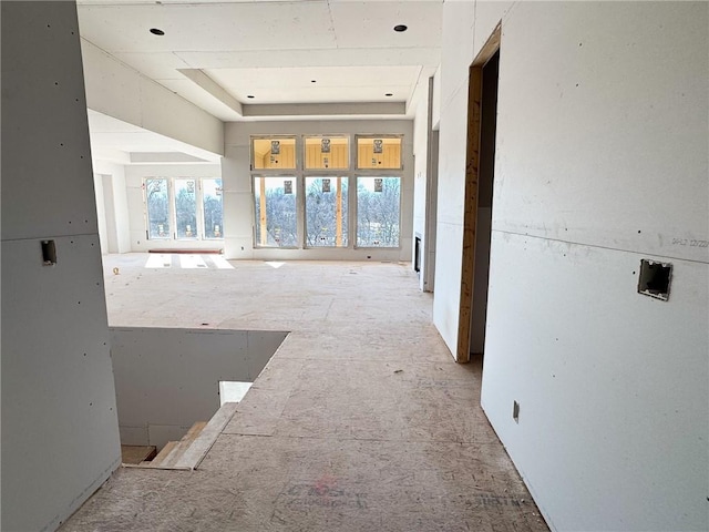 corridor featuring a healthy amount of sunlight and a tray ceiling