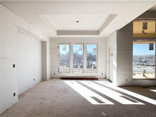 spare room with a tray ceiling