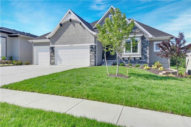 22063 W 100th Ter, Lenexa, KS 66220 - view of front of house with stone siding, an attached garage, a front lawn, and concrete driveway
