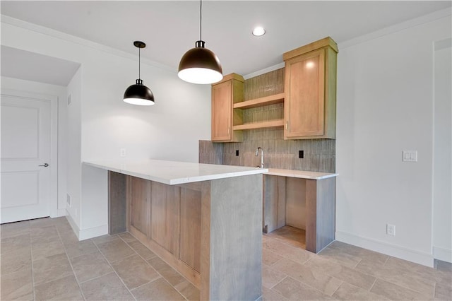 22063 W 100th Ter, Lenexa, KS 66220 - kitchen with tasteful backsplash, a peninsula, light countertops, open shelves, and recessed lighting