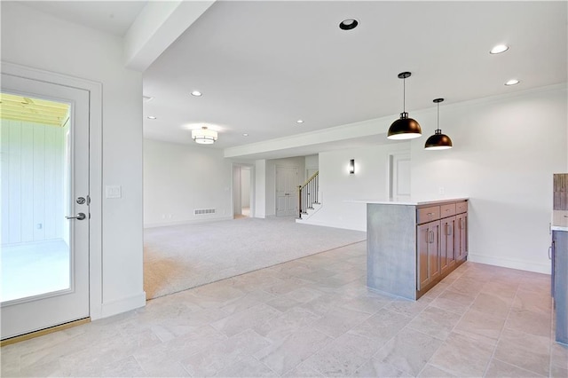 22063 W 100th Ter, Lenexa, KS 66220 - unfurnished room with stairway, recessed lighting, light colored carpet, and light stone finish flooring