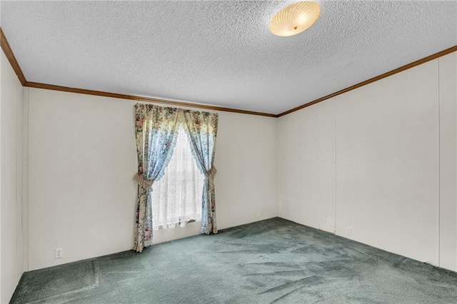 empty room with carpet floors, crown molding, and a textured ceiling