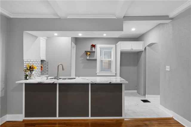 kitchen with beamed ceiling, white cabinets, sink, kitchen peninsula, and backsplash