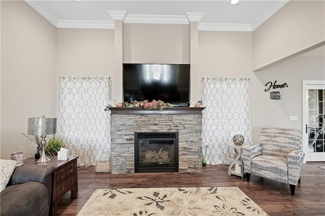 living room with ornamental molding, a fireplace, and dark wood-type flooring