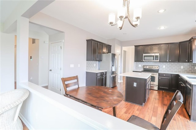 kitchen featuring light hardwood / wood-style floors, tasteful backsplash, appliances with stainless steel finishes, and a center island