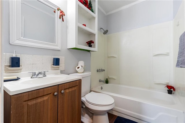 full bathroom with shower / bathing tub combination, crown molding, vanity, and toilet