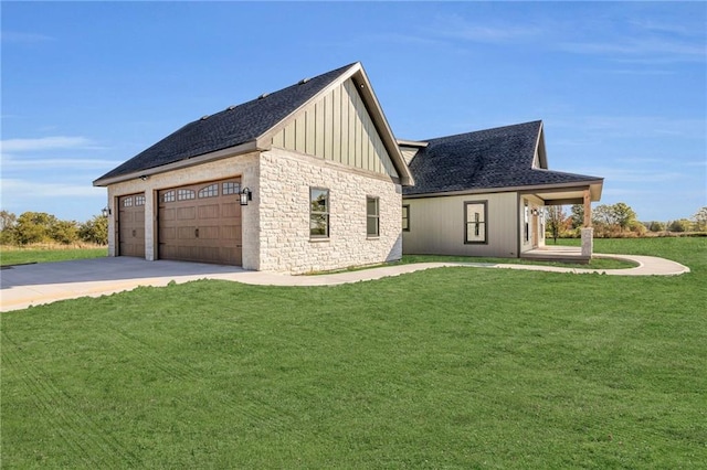 view of property exterior with a garage and a lawn