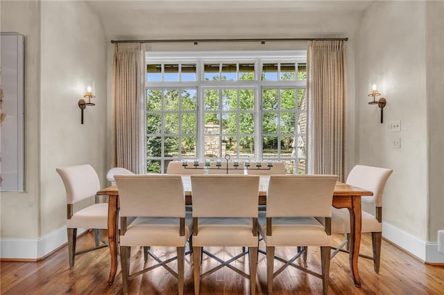 dining space with hardwood / wood-style floors