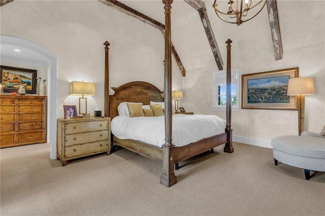 bedroom with high vaulted ceiling, ornamental molding, beamed ceiling, and carpet flooring