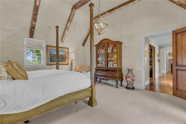 bedroom with beam ceiling, a chandelier, wood-type flooring, and high vaulted ceiling