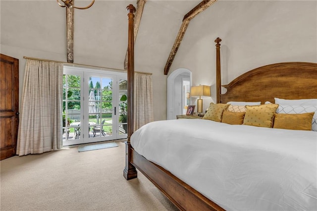 bedroom with beamed ceiling, access to exterior, high vaulted ceiling, and carpet flooring