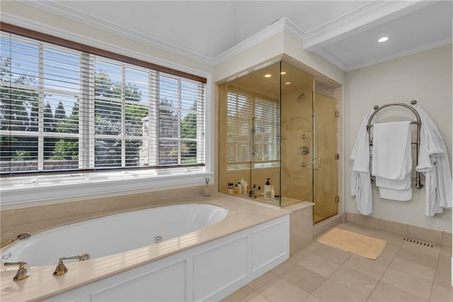 bathroom featuring independent shower and bath, crown molding, and tile patterned flooring