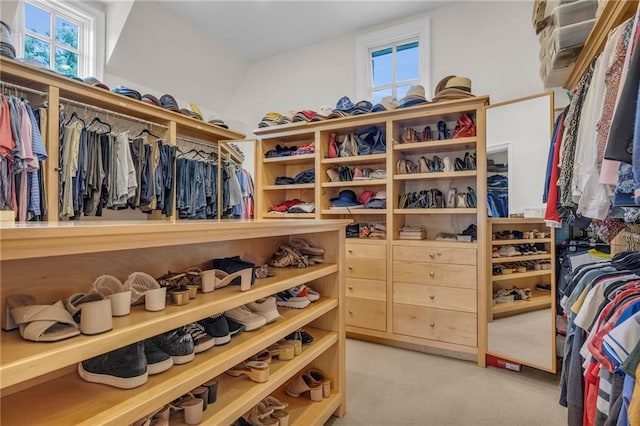 walk in closet with light colored carpet