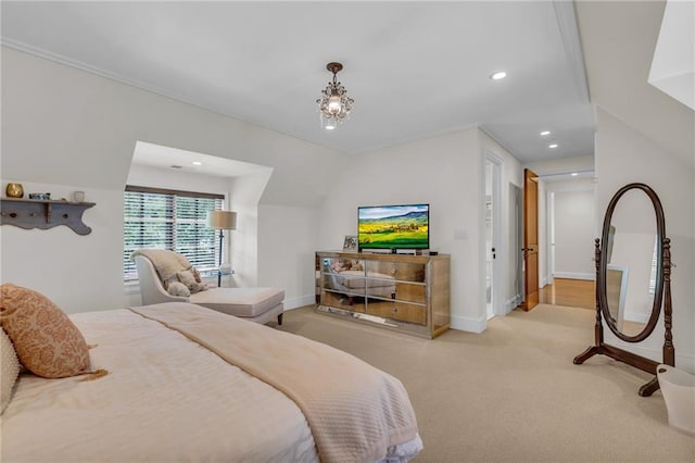 bedroom featuring vaulted ceiling and light carpet