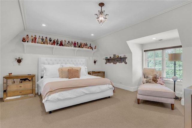 carpeted bedroom with an inviting chandelier, lofted ceiling, and crown molding