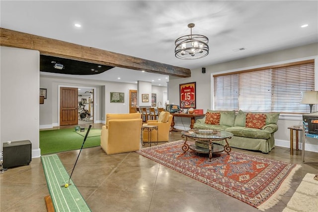 living room with beam ceiling and a chandelier