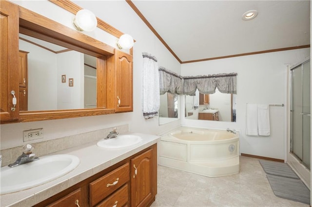 bathroom with ornamental molding, vanity, lofted ceiling, and separate shower and tub