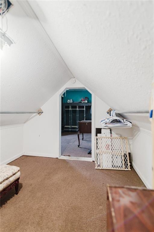 929 N 7th St, Atchison, KS 66002 - bonus room featuring carpet flooring, a textured ceiling, lofted ceiling, and baseboards