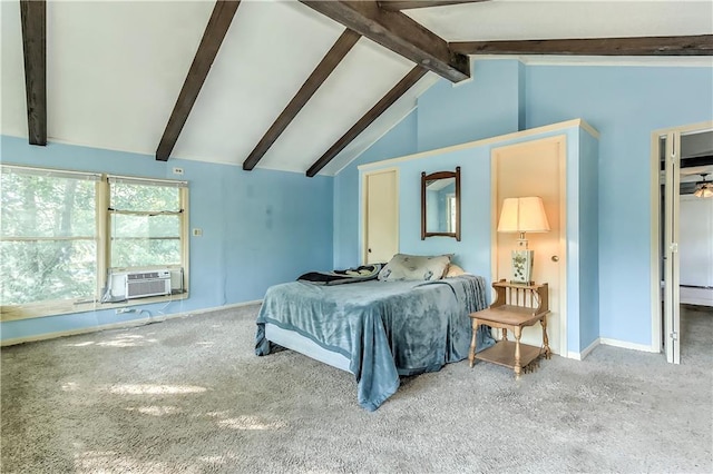 bedroom with carpet flooring, a baseboard radiator, beamed ceiling, high vaulted ceiling, and cooling unit