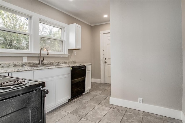 kitchen featuring white cabinets, light stone countertops, black appliances, crown molding, and sink