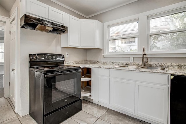 kitchen with crown molding, black appliances, sink, and a wealth of natural light