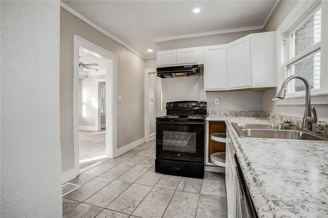 kitchen featuring white cabinets, ceiling fan, black / electric stove, crown molding, and sink