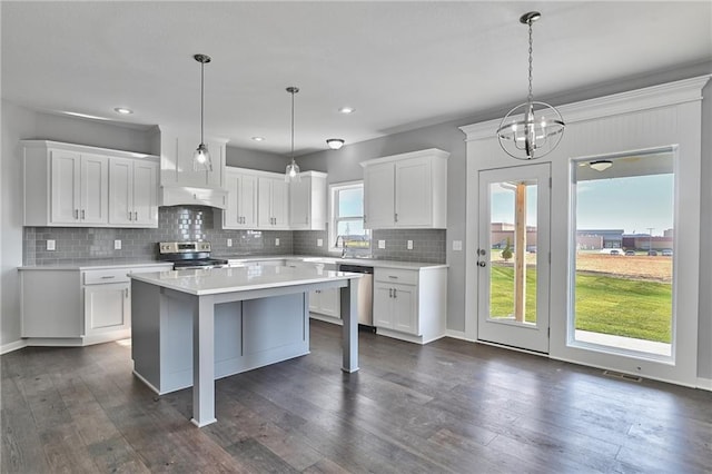 17133 W 164th Ter, Olathe, KS 66062 - kitchen with appliances with stainless steel finishes, light countertops, white cabinetry, a center island, and decorative backsplash