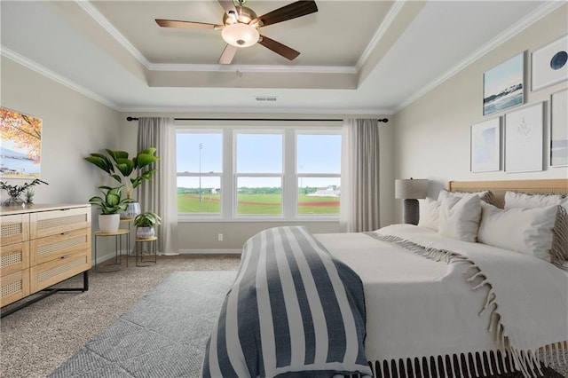 17133 W 164th Ter, Olathe, KS 66062 - bedroom featuring a tray ceiling, light colored carpet, crown molding, and ceiling fan