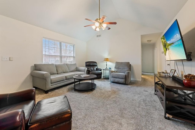 living room with carpet flooring, ceiling fan, and high vaulted ceiling