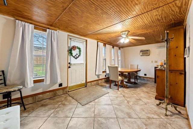 dining area featuring light tile patterned floors, a wall mounted AC, wooden ceiling, and ceiling fan