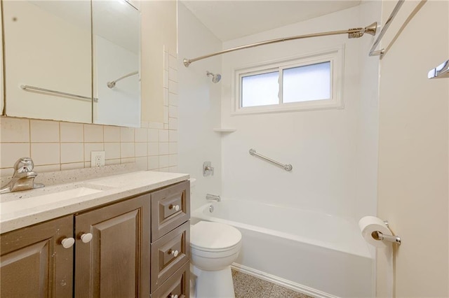 full bathroom with decorative backsplash, shower / bathing tub combination, vanity, and toilet