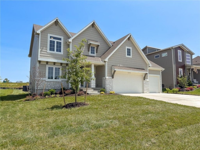 22070 W 100th Ter, Lenexa, KS 66220 - craftsman house featuring stone siding, driveway, a front yard, and an attached garage